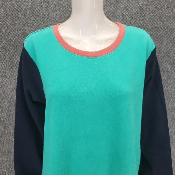Lands End Heavy Cotton Sweatshirt 1X Plus Size Teal Colorblock Pullover Top - Picture 4 of 11